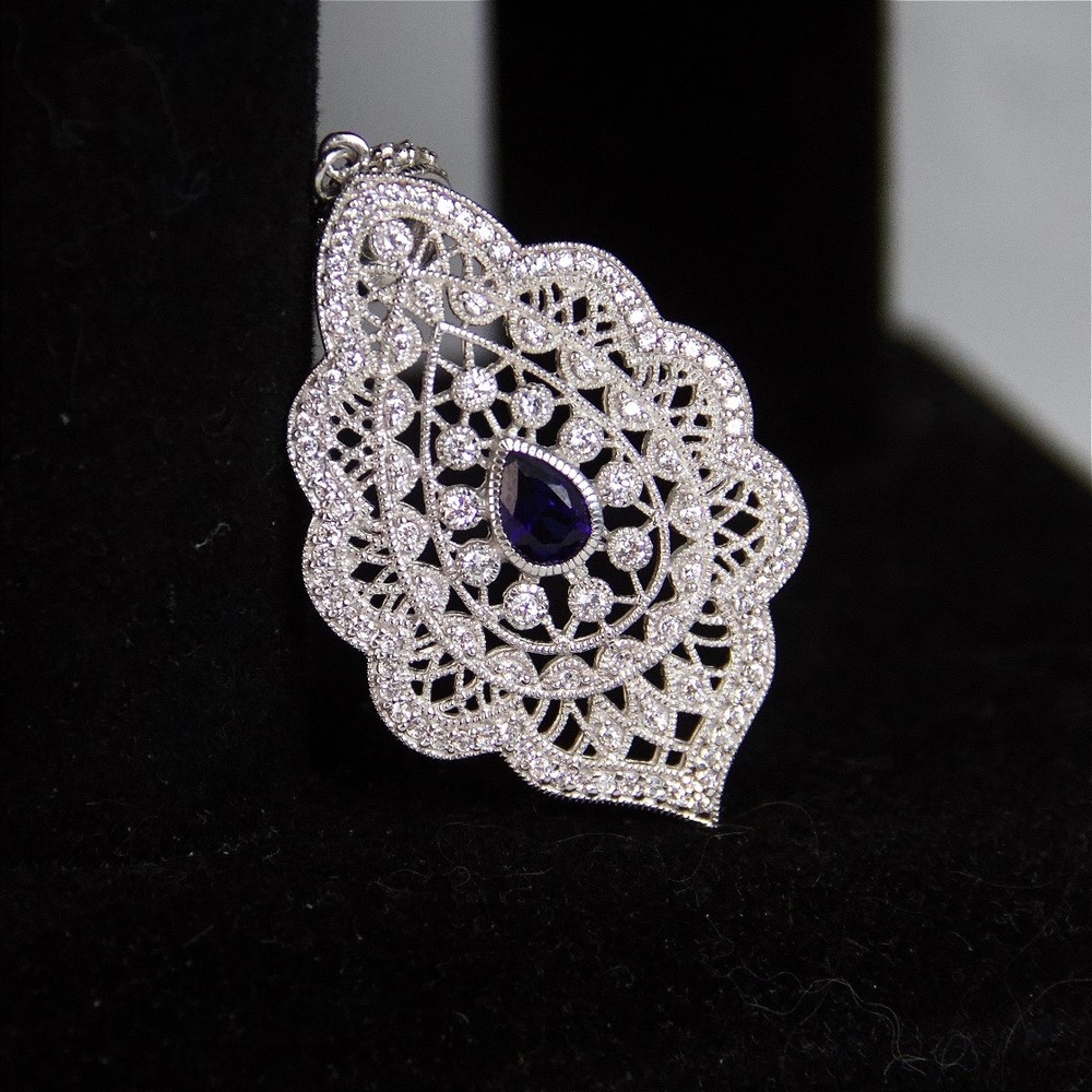 ESPO Sterling Silver 925 CZ Blue Sapphire Magnetic Snap Filigree Pendant - Picture 4 of 8